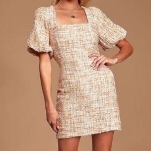 Lulus | First Thought Pink Multi Bouclé Puff Sleeve Bodycon Dress